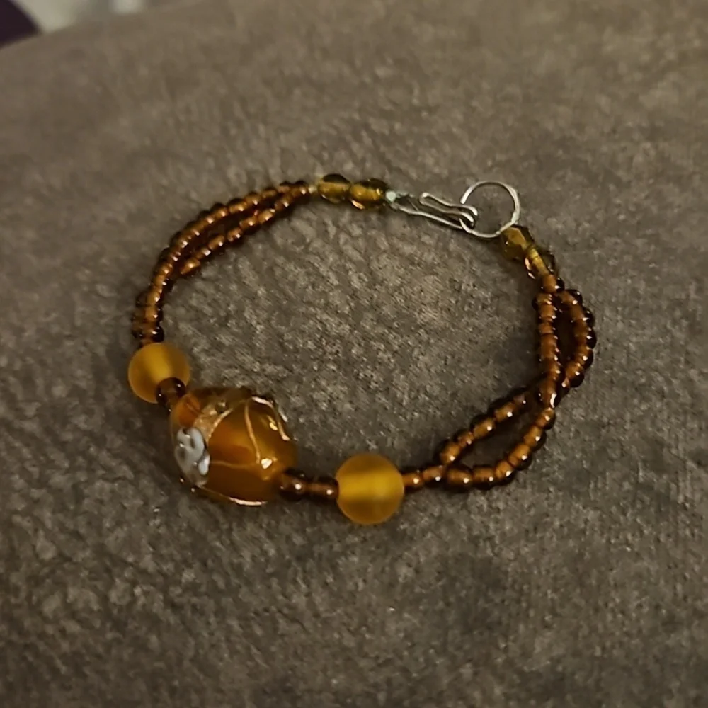 3/$30 HANDMADE Amber Glass Lampwork Focal Beaded Tennis Bracelet